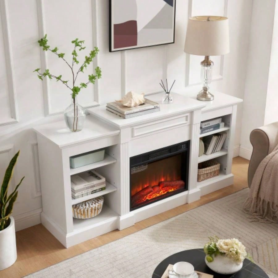 Media Console Table with Large Storage Cabinet, with 23 Fireplace Insert, TV Up to 70 Modern TV Media Entertaionment Stand, White, 65.7517D*32.48H