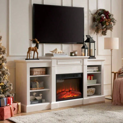 Media Console Table with Large Storage Cabinet, with 23 Fireplace Insert, TV Up to 70 Modern TV Media Entertaionment Stand, White, 65.7517D*32.48H