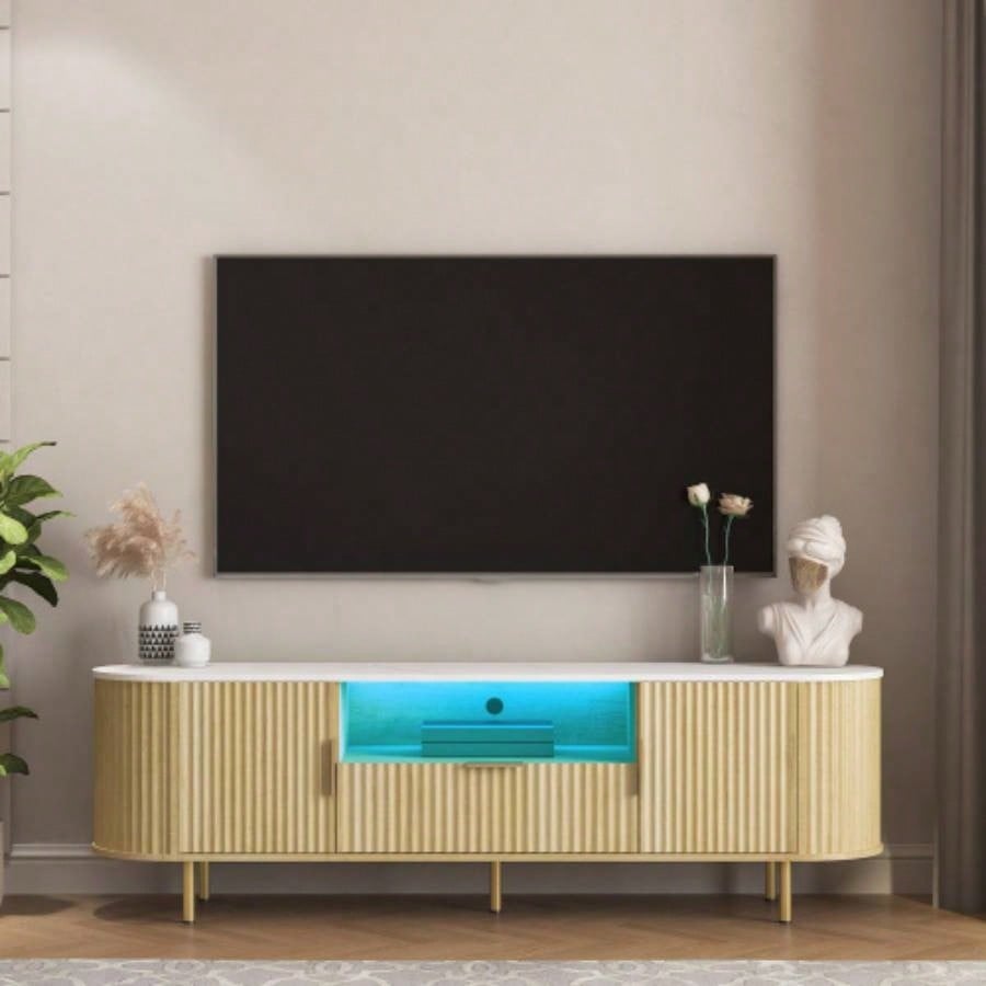 Lving Room Floor - standing TV Cabinet with 16 Color LEDs, Entertainment Center with Storage Doors, TV Console Media Cabinet, 55+ Inch TV, Living Room