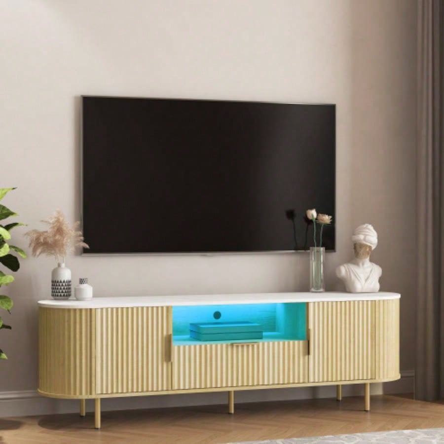 Lving Room Floor - standing TV Cabinet with 16 Color LEDs, Entertainment Center with Storage Doors, TV Console Media Cabinet, 55+ Inch TV, Living Room