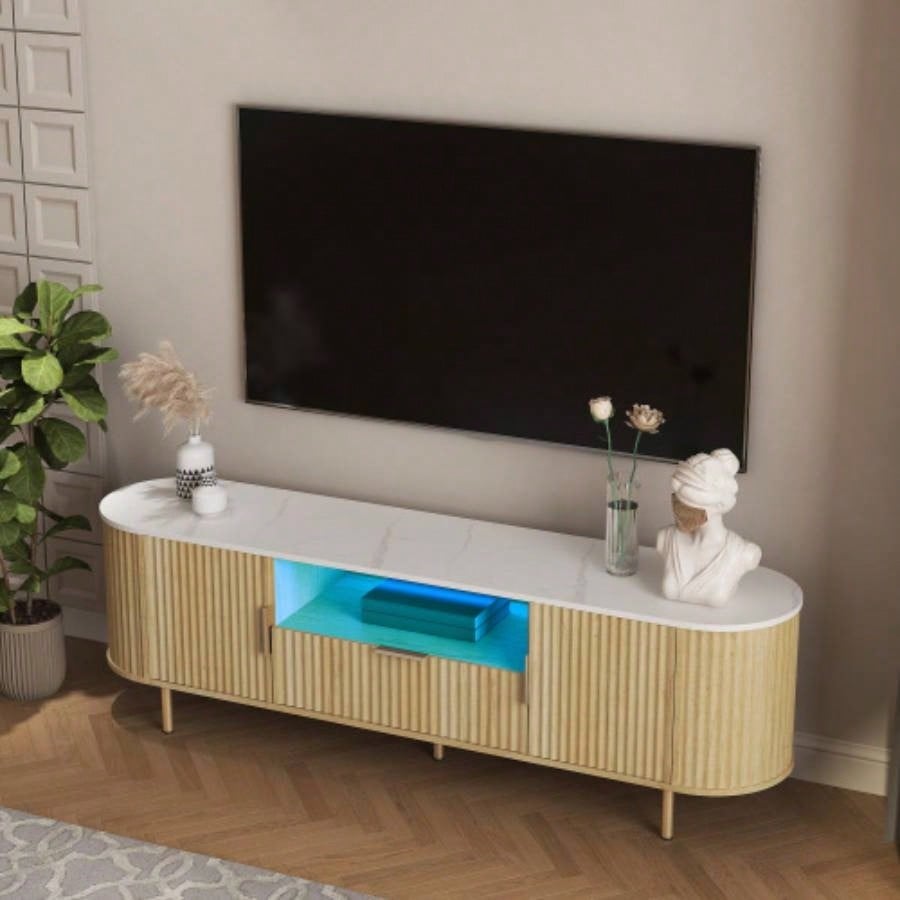 Lving Room Floor - standing TV Cabinet with 16 Color LEDs, Entertainment Center with Storage Doors, TV Console Media Cabinet, 55+ Inch TV, Living Room