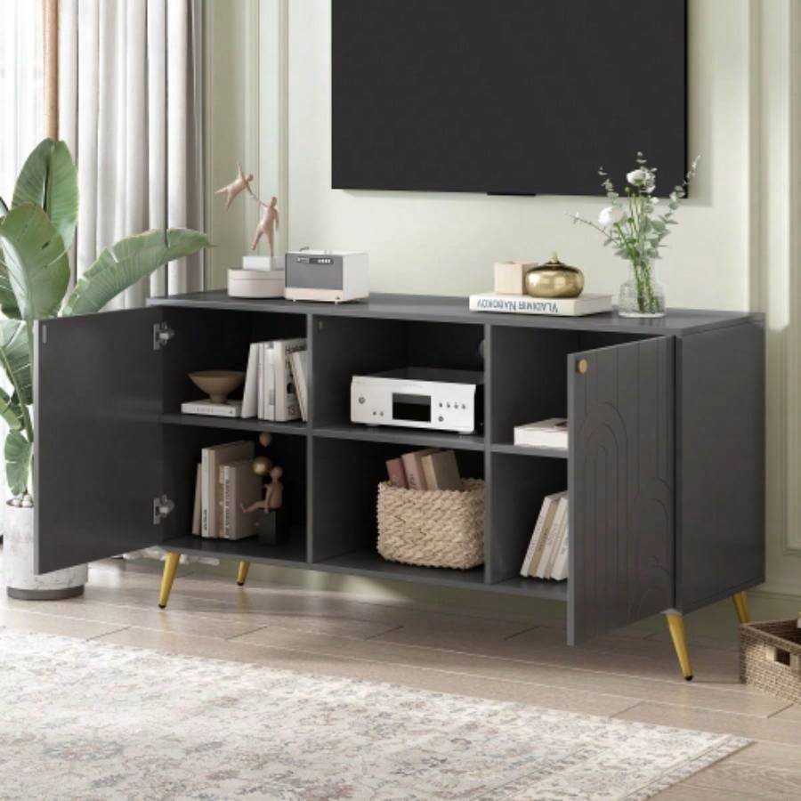 U - Can Modern TV Stand TVs up to 55 Inches, Entertainment Center Media Console, Adjustable Shelf, Metal, Handles and Anti - tip Device Living room
