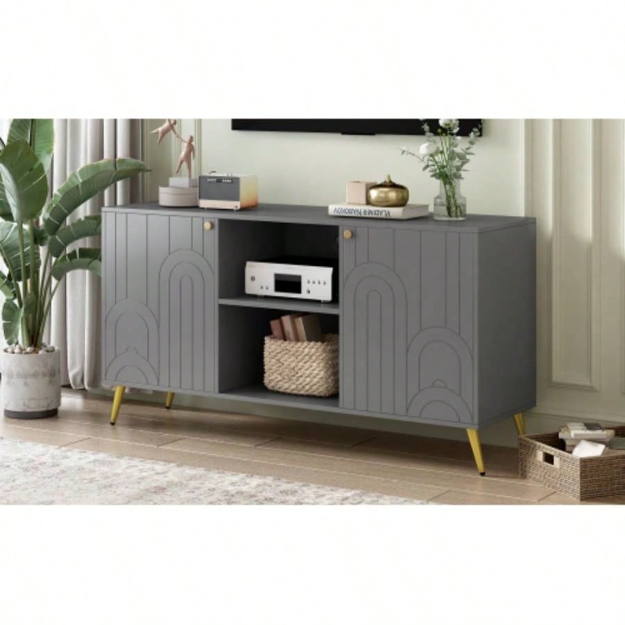 U - Can Modern TV Stand TVs up to 55 Inches, Entertainment Center Media Console, Adjustable Shelf, Metal, Handles and Anti - tip Device Living room