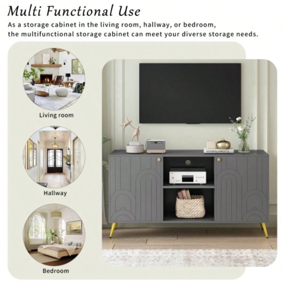 U - Can Modern TV Stand TVs up to 55 Inches, Entertainment Center Media Console, Adjustable Shelf, Metal, Handles and Anti - tip Device Living room