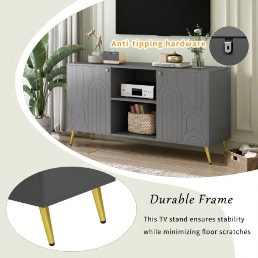 U - Can Modern TV Stand TVs up to 55 Inches, Entertainment Center Media Console, Adjustable Shelf, Metal, Handles and Anti - tip Device Living room