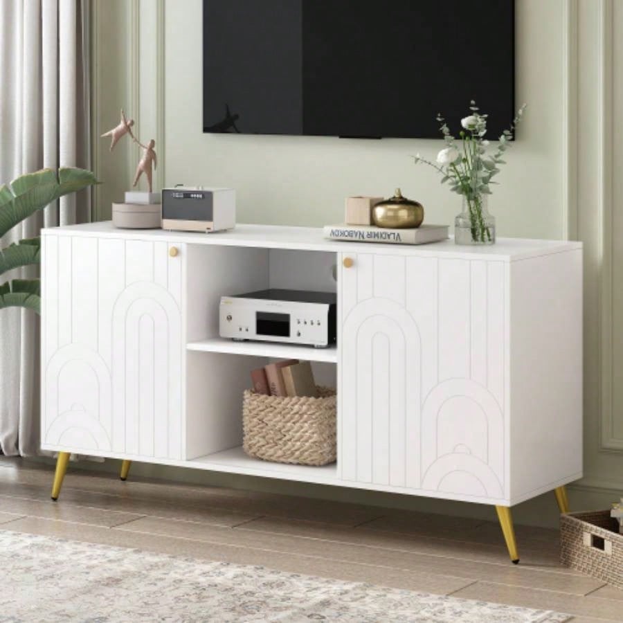 U - Can Modern TV Stand TVs up to 55 Inches, Entertainment Center Media Console, Adjustable Shelf, Metal, Handles and Anti - tip Device Living room