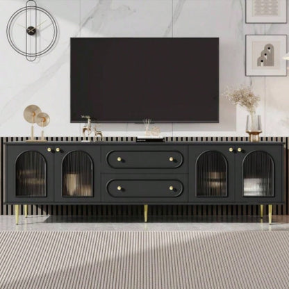 U - Can 78. Modern TV Stand, TV Cabinet with Five Metal and Metal Handles, 2 Drawers and 2 Cabinets with Fluted Glass Doors Living room, Up to 80 Old SKU: SJ000122AAB