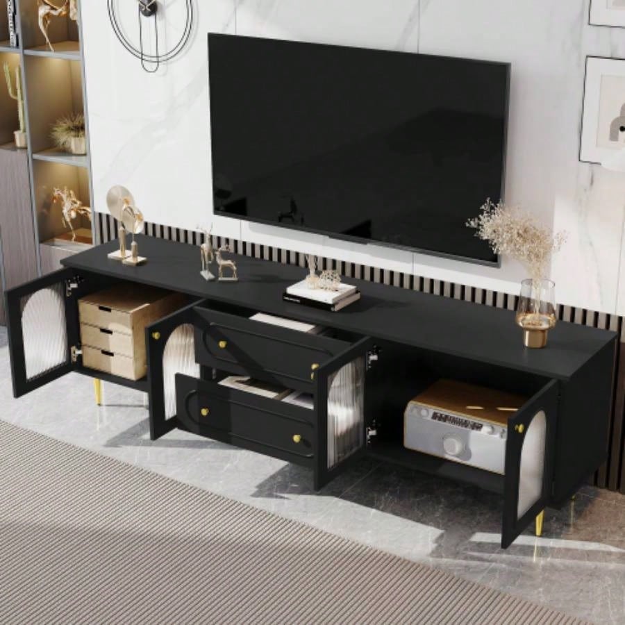 U - Can 78. Modern TV Stand, TV Cabinet with Five Metal and Metal Handles, 2 Drawers and 2 Cabinets with Fluted Glass Doors Living room, Up to 80 Old SKU: SJ000122AAB