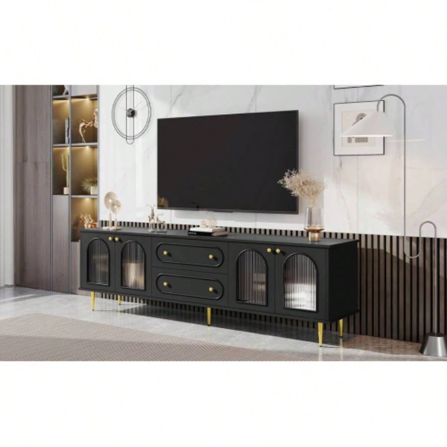 U - Can 78. Modern TV Stand, TV Cabinet with Five Metal and Metal Handles, 2 Drawers and 2 Cabinets with Fluted Glass Doors Living room, Up to 80 Old SKU: SJ000122AAB