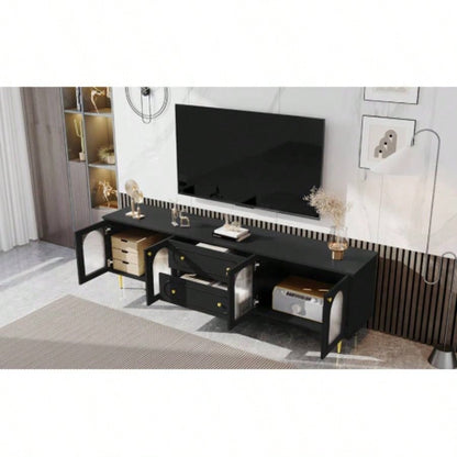 U - Can 78. Modern TV Stand, TV Cabinet with Five Metal and Metal Handles, 2 Drawers and 2 Cabinets with Fluted Glass Doors Living room, Up to 80 Old SKU: SJ000122AAB