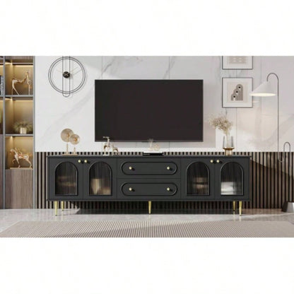 U - Can 78. Modern TV Stand, TV Cabinet with Five Metal and Metal Handles, 2 Drawers and 2 Cabinets with Fluted Glass Doors Living room, Up to 80 Old SKU: SJ000122AAB