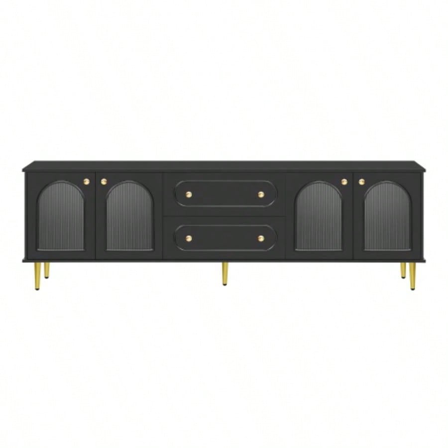 U - Can 78. Modern TV Stand, TV Cabinet with Five Metal and Metal Handles, 2 Drawers and 2 Cabinets with Fluted Glass Doors Living room, Up to 80 Old SKU: SJ000122AAB