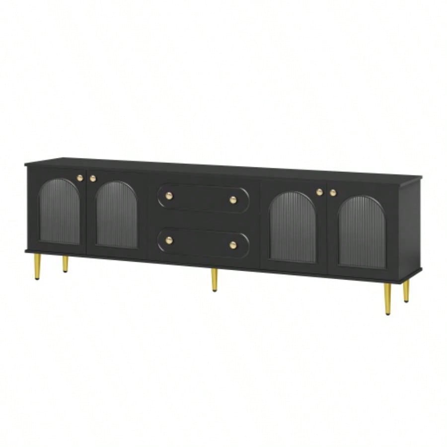 U - Can 78. Modern TV Stand, TV Cabinet with Five Metal and Metal Handles, 2 Drawers and 2 Cabinets with Fluted Glass Doors Living room, Up to 80 Old SKU: SJ000122AAB