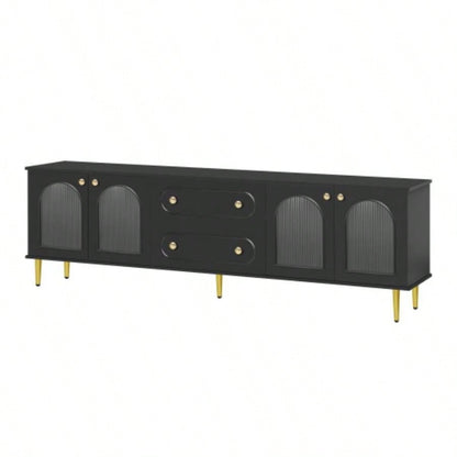 U - Can 78. Modern TV Stand, TV Cabinet with Five Metal and Metal Handles, 2 Drawers and 2 Cabinets with Fluted Glass Doors Living room, Up to 80 Old SKU: SJ000122AAB