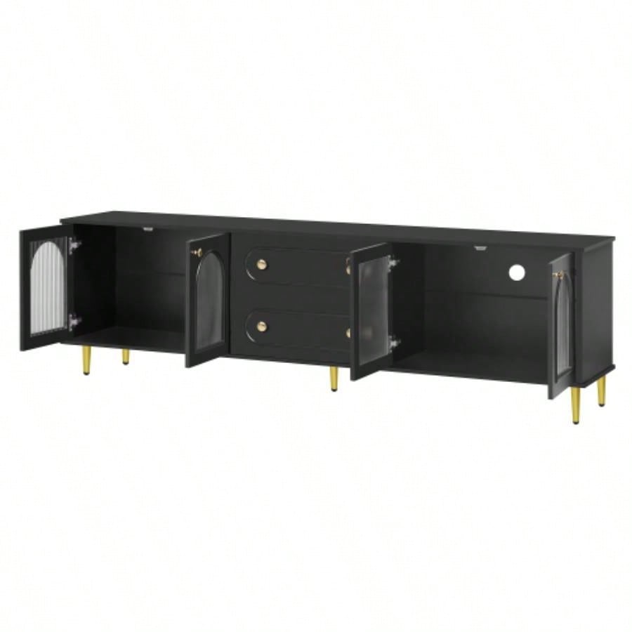 U - Can 78. Modern TV Stand, TV Cabinet with Five Metal and Metal Handles, 2 Drawers and 2 Cabinets with Fluted Glass Doors Living room, Up to 80 Old SKU: SJ000122AAB