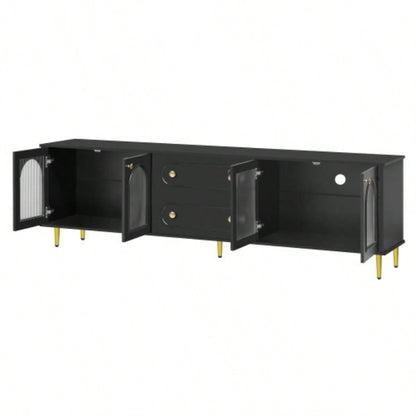 U - Can 78. Modern TV Stand, TV Cabinet with Five Metal and Metal Handles, 2 Drawers and 2 Cabinets with Fluted Glass Doors Living room, Up to 80 Old SKU: SJ000122AAB