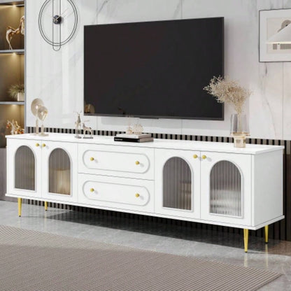U - Can 78. Modern TV Stand, TV Cabinet with Five Metal and Metal Handles, 2 Drawers and 2 Cabinets with Fluted Glass Doors Living room, Up to 80 Old SKU: SJ000122AAB