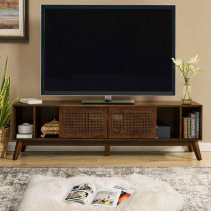 67.9 Inch Mid Modern Rattan TV Stand TVs up to 75 Entertainment Cabinet, Media Console Living Room Media Room, Solid Wood Feet Rattan Cabinet Doors - Walnut