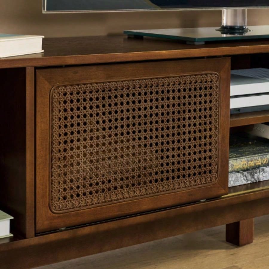 67.9 Inch Mid Modern Rattan TV Stand TVs up to 75 Entertainment Cabinet, Media Console Living Room Media Room, Solid Wood Feet Rattan Cabinet Doors - Walnut