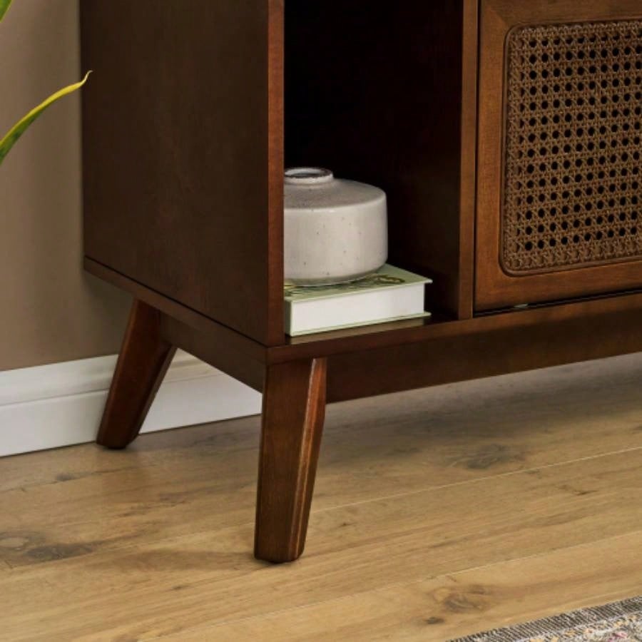 67.9 Inch Mid Modern Rattan TV Stand TVs up to 75 Entertainment Cabinet, Media Console Living Room Media Room, Solid Wood Feet Rattan Cabinet Doors - Walnut