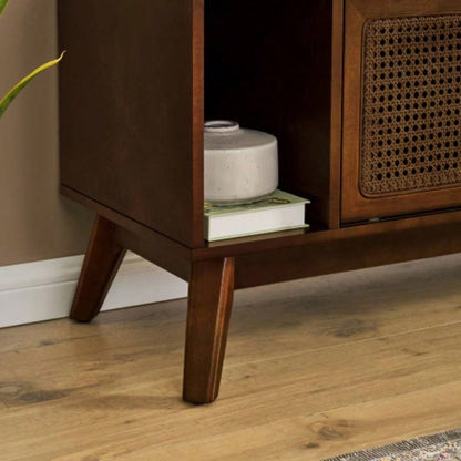 67.9 Inch Mid Modern Rattan TV Stand TVs up to 75 Entertainment Cabinet, Media Console Living Room Media Room, Solid Wood Feet Rattan Cabinet Doors - Walnut