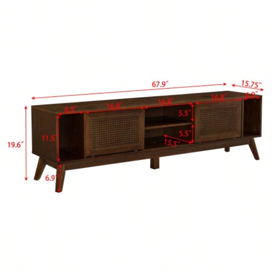 67.9 Inch Mid Modern Rattan TV Stand TVs up to 75 Entertainment Cabinet, Media Console Living Room Media Room, Solid Wood Feet Rattan Cabinet Doors - Walnut