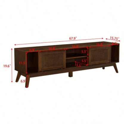 67.9 Inch Mid Modern Rattan TV Stand TVs up to 75 Entertainment Cabinet, Media Console Living Room Media Room, Solid Wood Feet Rattan Cabinet Doors - Walnut