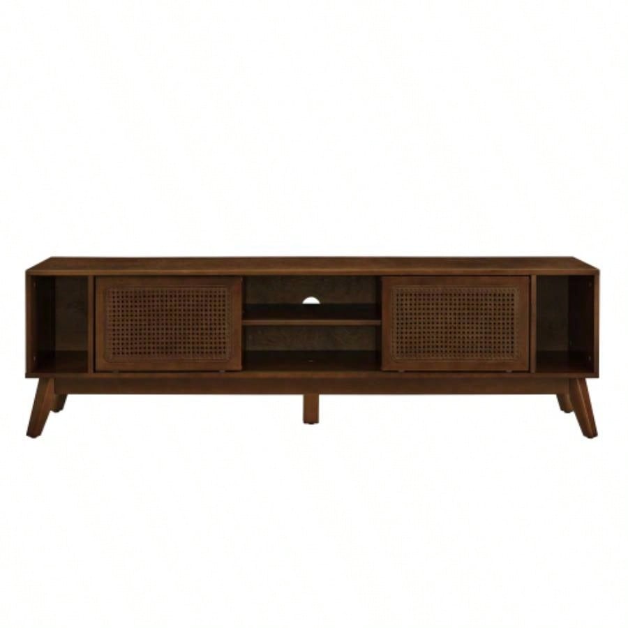67.9 Inch Mid Modern Rattan TV Stand TVs up to 75 Entertainment Cabinet, Media Console Living Room Media Room, Solid Wood Feet Rattan Cabinet Doors - Walnut