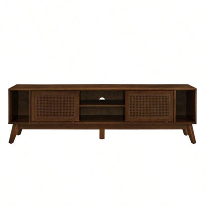 67.9 Inch Mid Modern Rattan TV Stand TVs up to 75 Entertainment Cabinet, Media Console Living Room Media Room, Solid Wood Feet Rattan Cabinet Doors - Walnut