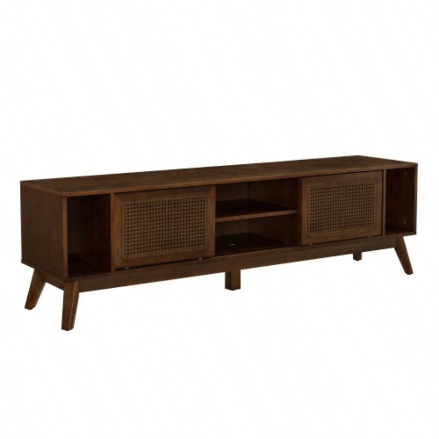 67.9 Inch Mid Modern Rattan TV Stand TVs up to 75 Entertainment Cabinet, Media Console Living Room Media Room, Solid Wood Feet Rattan Cabinet Doors - Walnut