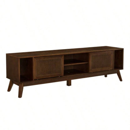 67.9 Inch Mid Modern Rattan TV Stand TVs up to 75 Entertainment Cabinet, Media Console Living Room Media Room, Solid Wood Feet Rattan Cabinet Doors - Walnut