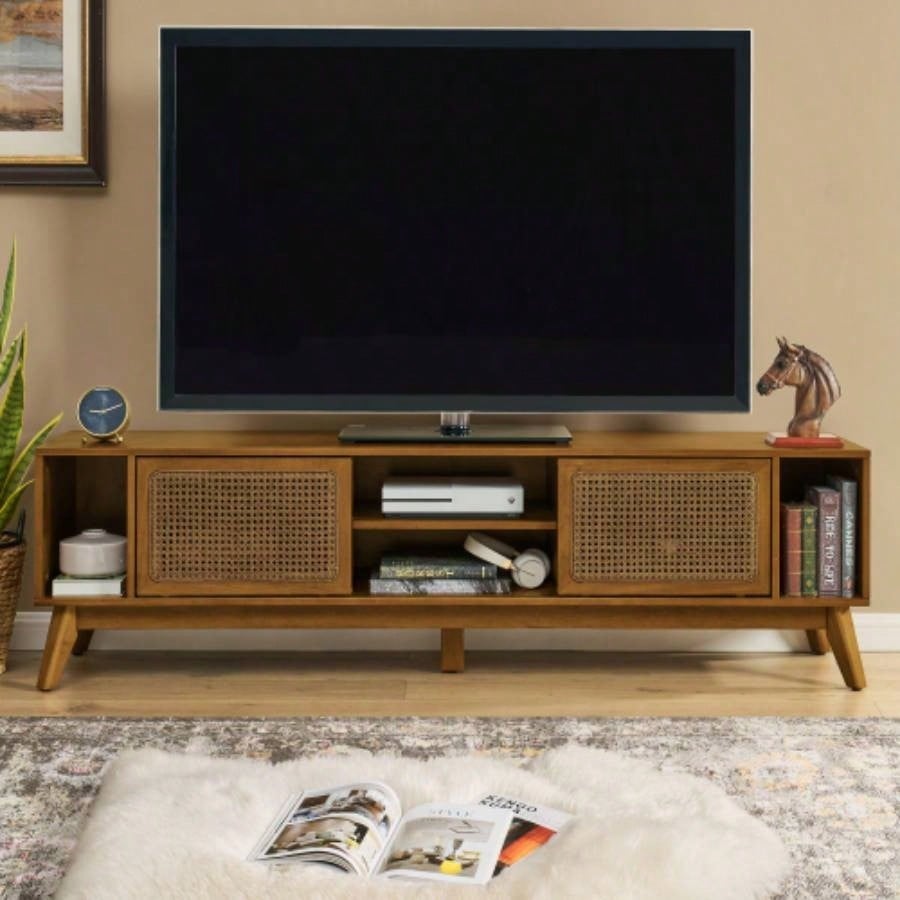 67.9 Inch Mid Modern Rattan TV Stand TVs up to 75 Entertainment Cabinet, Media Console Living Room Media Room, Solid Wood Feet Rattan Cabinet Doors - Walnut