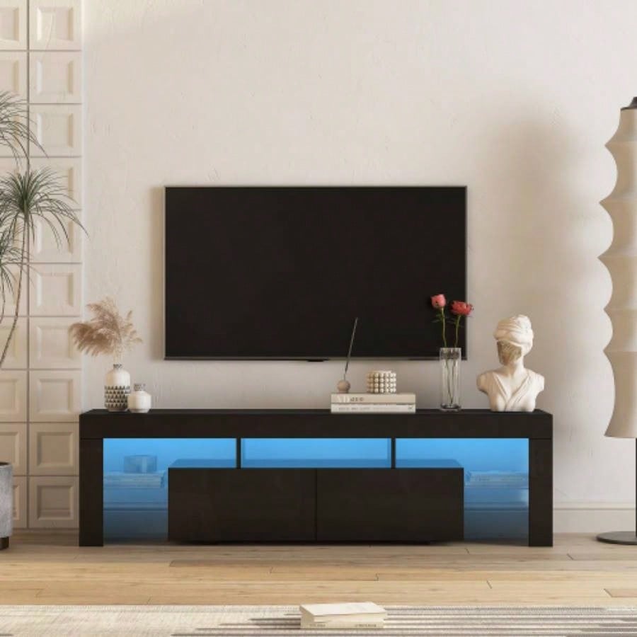 High gloss TV Stand with LED Lights TVs up to 65 Modern TV Console with Storage Cabinets Living Room, Black