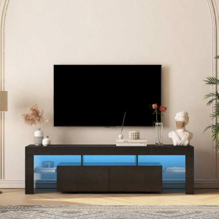 High gloss TV Stand with LED Lights TVs up to 65 Modern TV Console with Storage Cabinets Living Room, Black