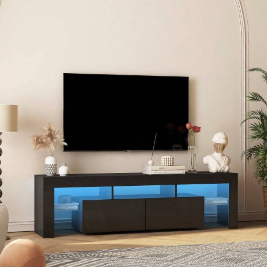 High gloss TV Stand with LED Lights TVs up to 65 Modern TV Console with Storage Cabinets Living Room, Black
