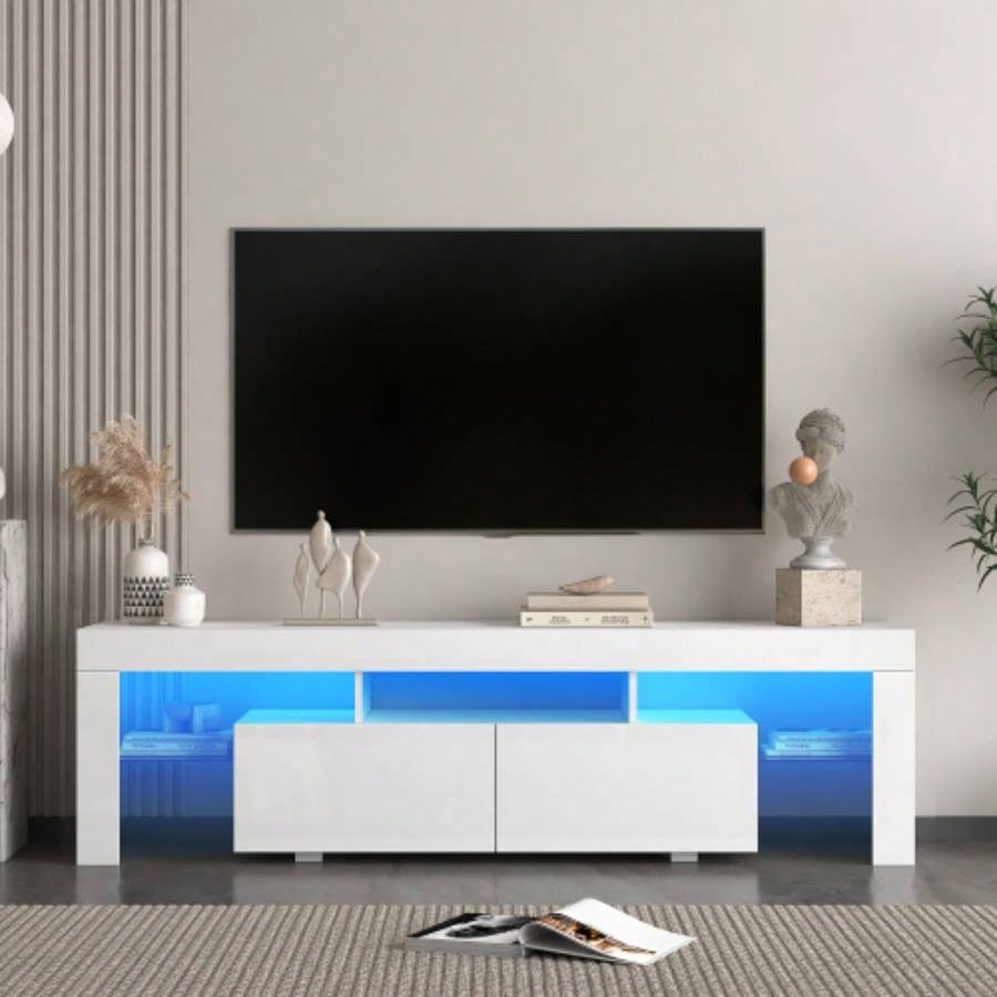 High gloss TV Stand with LED Lights TVs up to 65 Modern TV Console with Storage Cabinets Living Room, Black