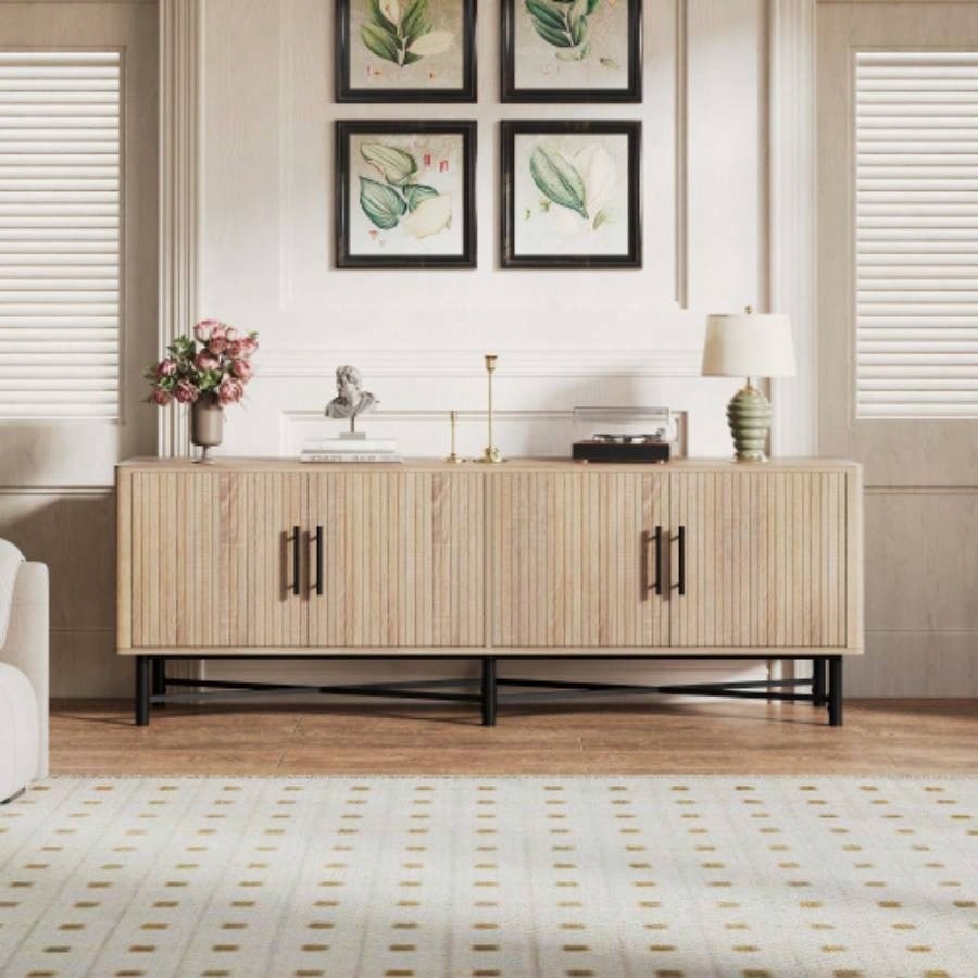 Functional 4 - Door TV Cabinet - 2 Storage Spaces, Adjustable Shelves, Living Room Organization, Chestnut
