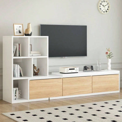 ON - TREND 74.8126 Extendable TV Stand with 3 Tier Bookshelves TVs up to 110 Adjustable Entertainment Center with Storage Cabinets, Sliding Tabletop Media Console Living Room, White