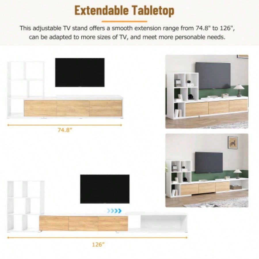 ON - TREND 74.8126 Extendable TV Stand with 3 Tier Bookshelves TVs up to 110 Adjustable Entertainment Center with Storage Cabinets, Sliding Tabletop Media Console Living Room, White