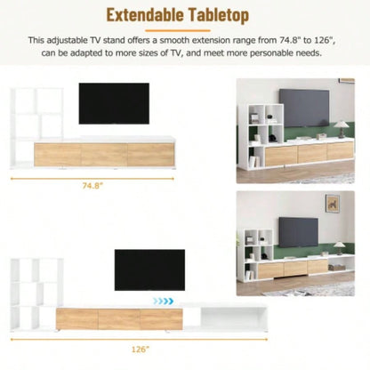 ON - TREND 74.8126 Extendable TV Stand with 3 Tier Bookshelves TVs up to 110 Adjustable Entertainment Center with Storage Cabinets, Sliding Tabletop Media Console Living Room, White