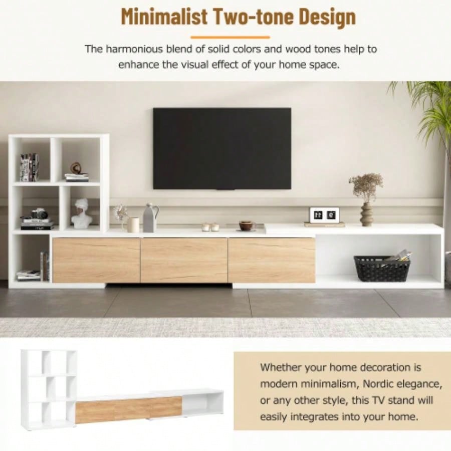 ON - TREND 74.8126 Extendable TV Stand with 3 Tier Bookshelves TVs up to 110 Adjustable Entertainment Center with Storage Cabinets, Sliding Tabletop Media Console Living Room, White