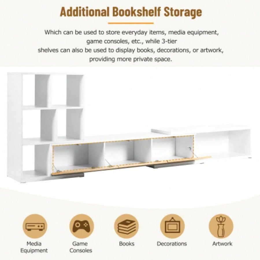 ON - TREND 74.8126 Extendable TV Stand with 3 Tier Bookshelves TVs up to 110 Adjustable Entertainment Center with Storage Cabinets, Sliding Tabletop Media Console Living Room, White