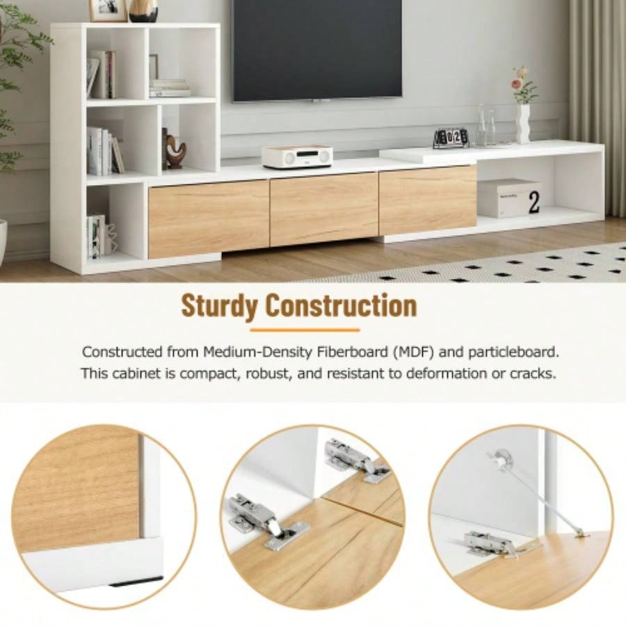 ON - TREND 74.8126 Extendable TV Stand with 3 Tier Bookshelves TVs up to 110 Adjustable Entertainment Center with Storage Cabinets, Sliding Tabletop Media Console Living Room, White