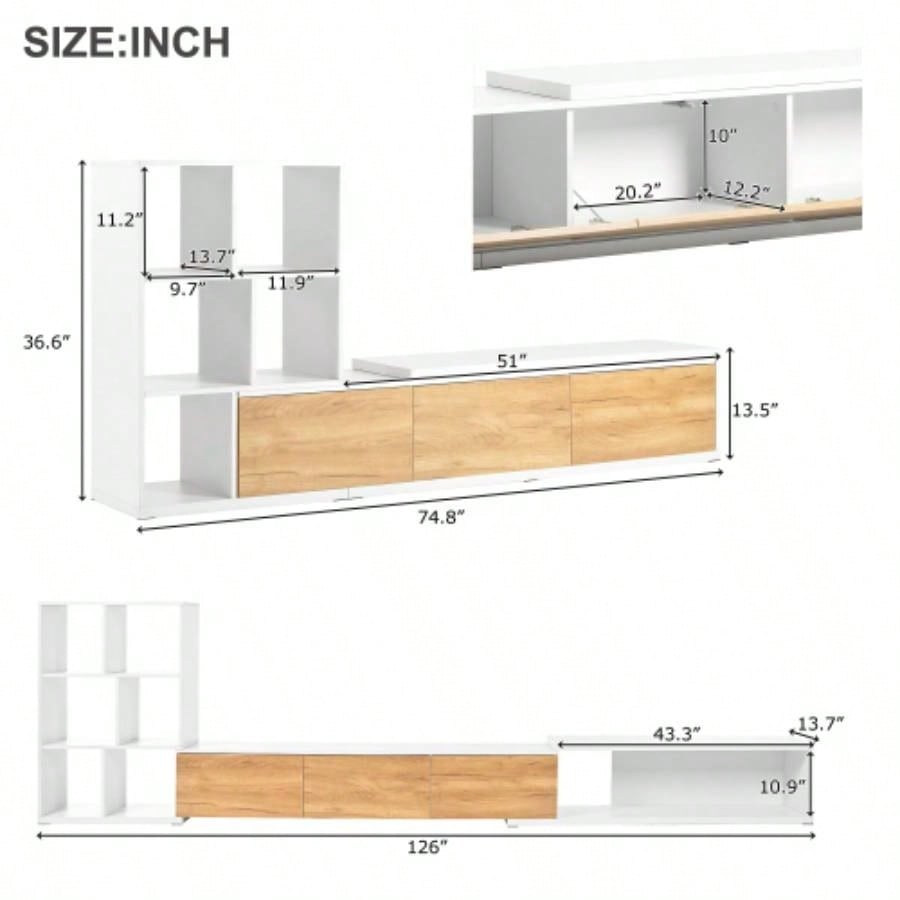 ON - TREND 74.8126 Extendable TV Stand with 3 Tier Bookshelves TVs up to 110 Adjustable Entertainment Center with Storage Cabinets, Sliding Tabletop Media Console Living Room, White