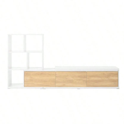 ON - TREND 74.8126 Extendable TV Stand with 3 Tier Bookshelves TVs up to 110 Adjustable Entertainment Center with Storage Cabinets, Sliding Tabletop Media Console Living Room, White