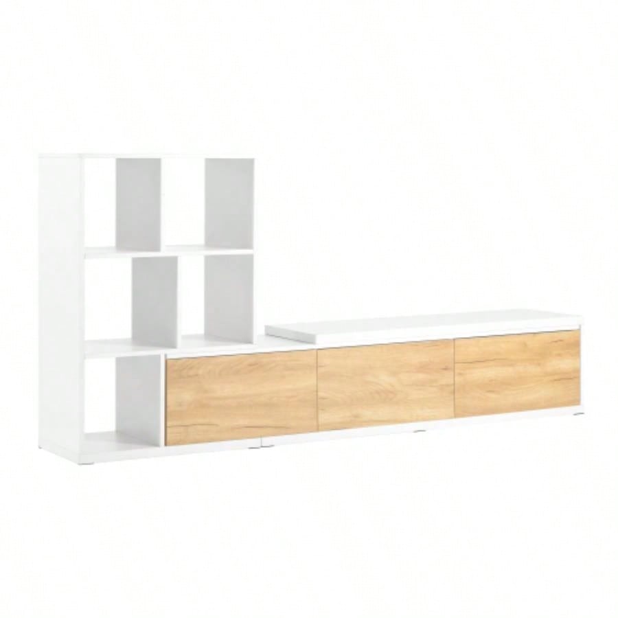 ON - TREND 74.8126 Extendable TV Stand with 3 Tier Bookshelves TVs up to 110 Adjustable Entertainment Center with Storage Cabinets, Sliding Tabletop Media Console Living Room, White