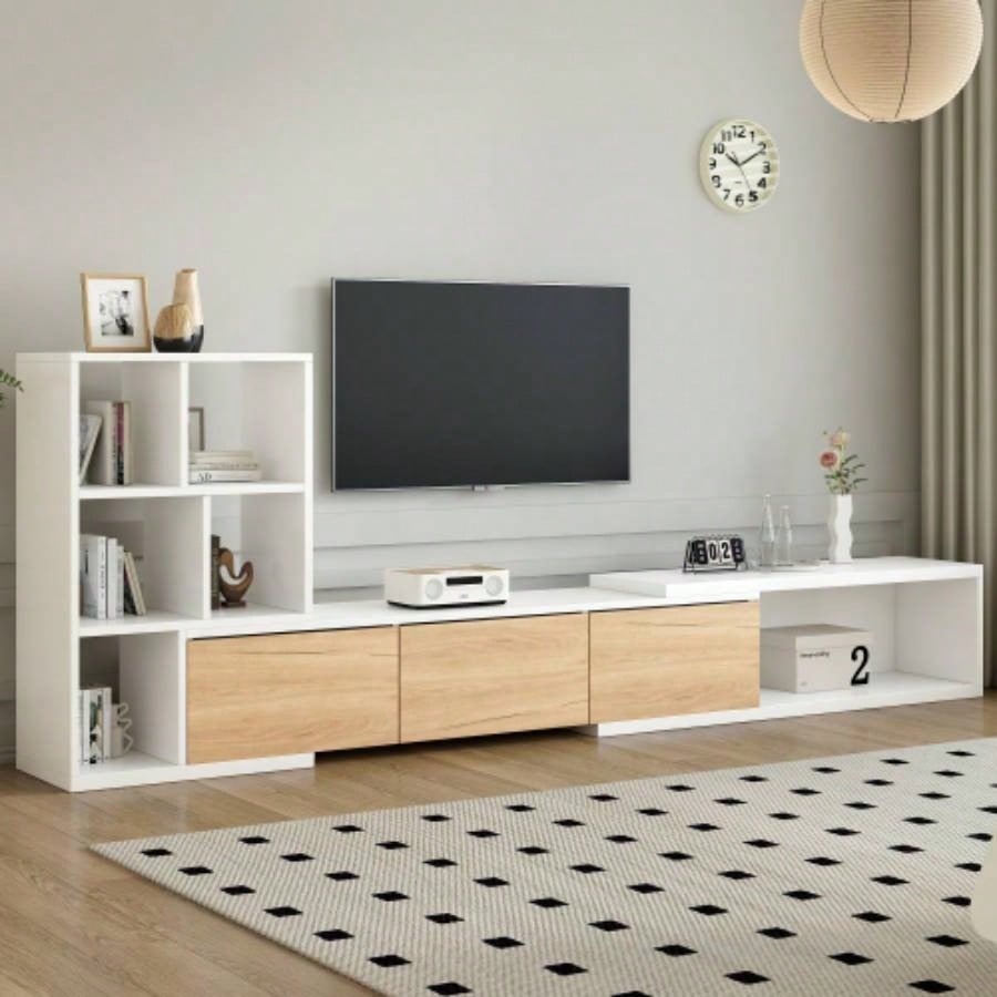 ON - TREND 74.8126 Extendable TV Stand with 3 Tier Bookshelves TVs up to 110 Adjustable Entertainment Center with Storage Cabinets, Sliding Tabletop Media Console Living Room, White