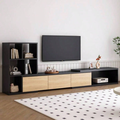 ON - TREND 74.8126 Extendable TV Stand with 3 Tier Bookshelves TVs up to 110 Adjustable Entertainment Center with Storage Cabinets, Sliding Tabletop Media Console Living Room, White