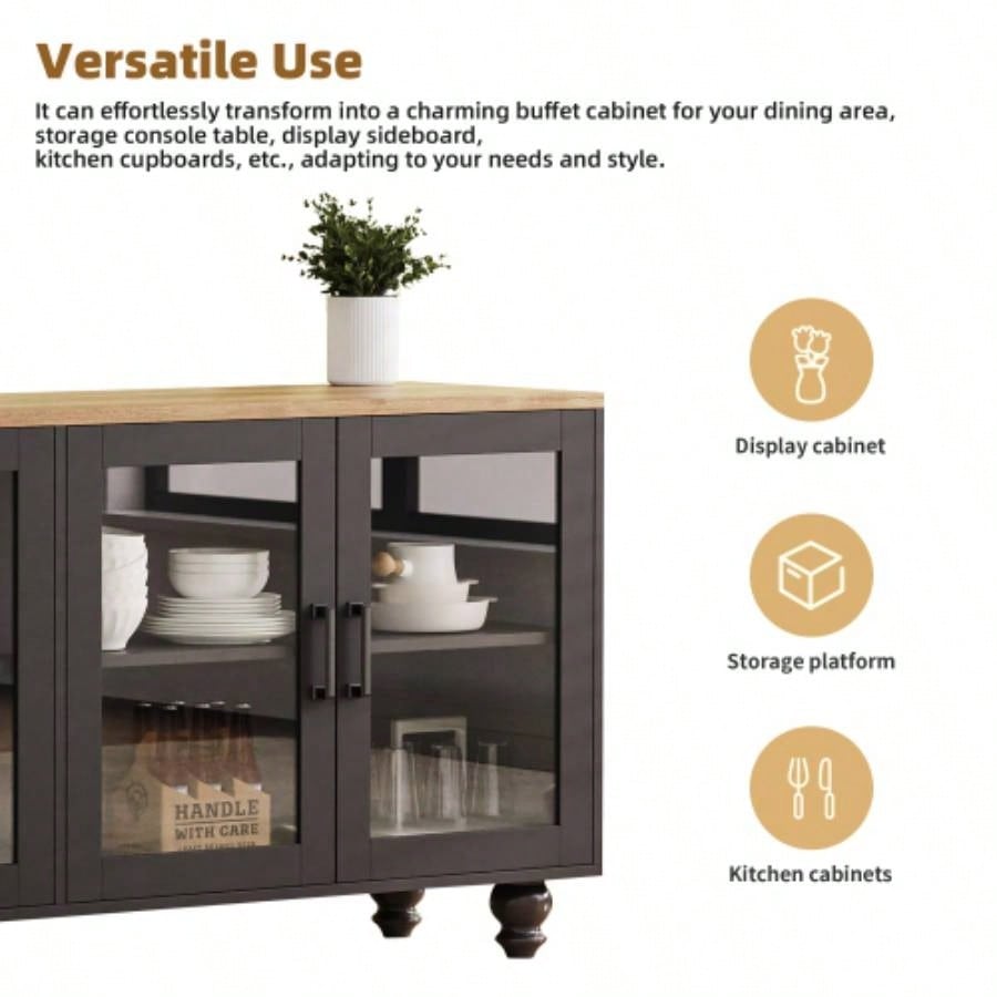ON - TREND Farmhouse TV Stand with Tempered Glass Doors TVs Up to 70 Versatile Sideboard with Adjustable Shelves, Elegant Buffet Cabinet with 5 Solid Wood Gourd - Shaped Living Room, Black