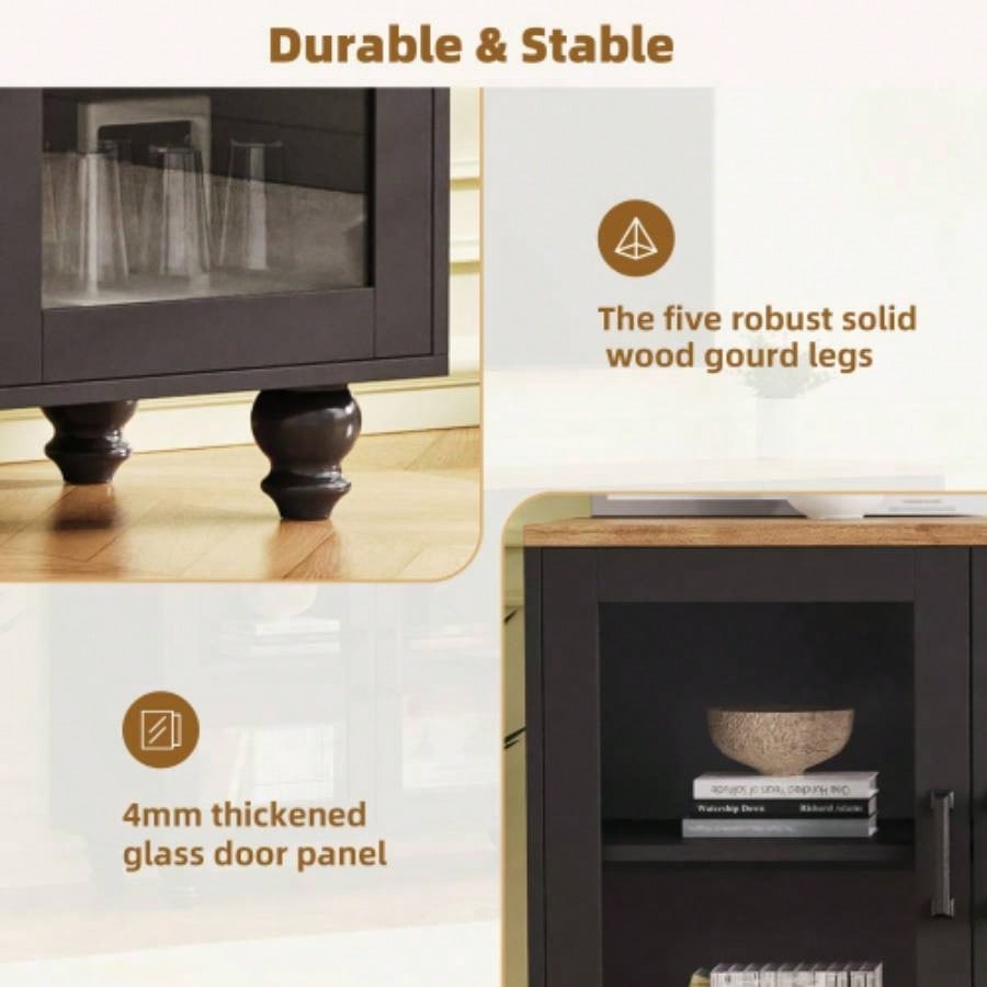 ON - TREND Farmhouse TV Stand with Tempered Glass Doors TVs Up to 70 Versatile Sideboard with Adjustable Shelves, Elegant Buffet Cabinet with 5 Solid Wood Gourd - Shaped Living Room, Black